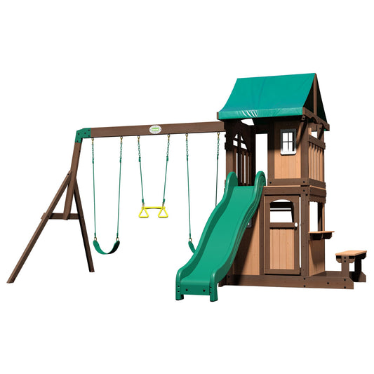 Backyard Discovery Lakewood 100% Cedar Wood Swing Set | Outdoor Playground for Kids | Garden Climbing Frame for Children | 1 Trapeze and 2 Belt Swings | 2.4m Wave Slide | Lower Playhouse
