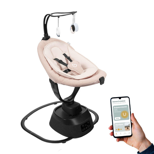 Babymoov Swoon Evolution Mocca-Connected Electric Baby Swing with Mobile App – Music Streaming, Voice Recording and Personalized Lullabies – 360° Seat – Newborn Reducer